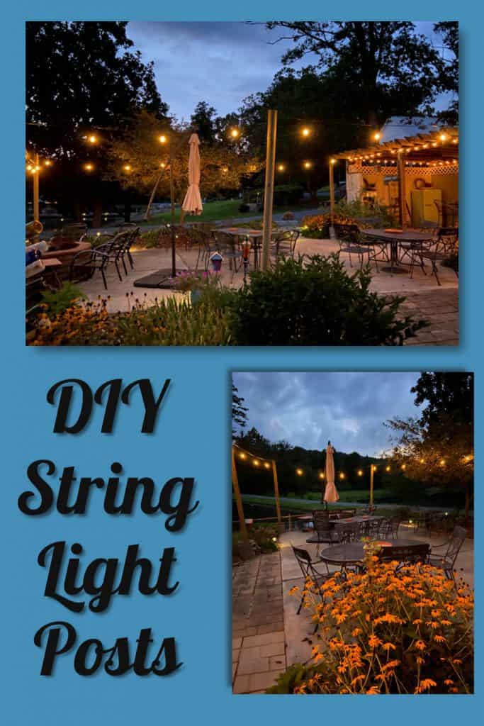DIY Portable String Light Posts made from trashed buckets and wooden posts look great over the patio area.  Farmhouse Style, Country life Outdoor Kitchen and entertaining area.  Alfresco Dining, Fire Pit, outdoor Dining Area