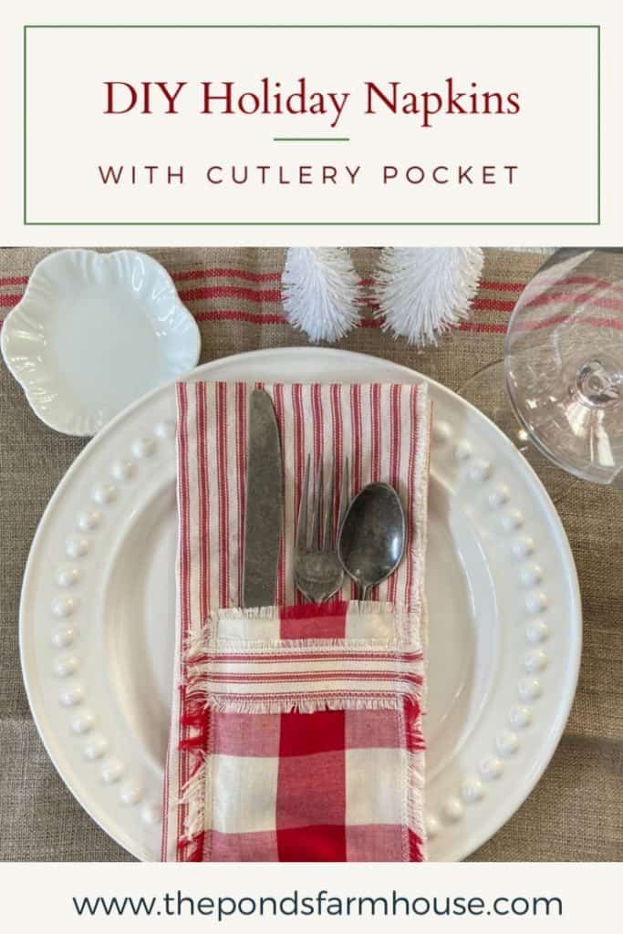 Easy Tutorial to make napkins from ticking fabric with a contrasting cutlery pocket attached. Super cute and easy step by step method for sewing the napkins and also a no sew method. Great for the Christmas Holiday's but can be adapted for year round use.