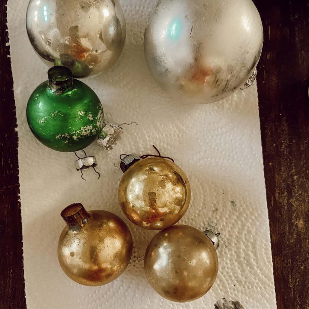 Step By Step Instructions to age new ornaments to look like vintage ornaments for Christmas Decorating.