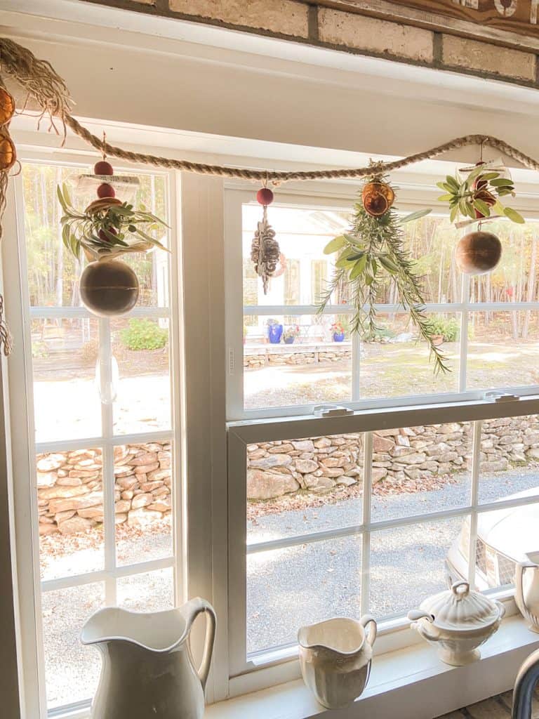 DIY Dried Fruit and Fresh herb Garland for Christmas Decorating.  Farmhouse style Christmas Garland.