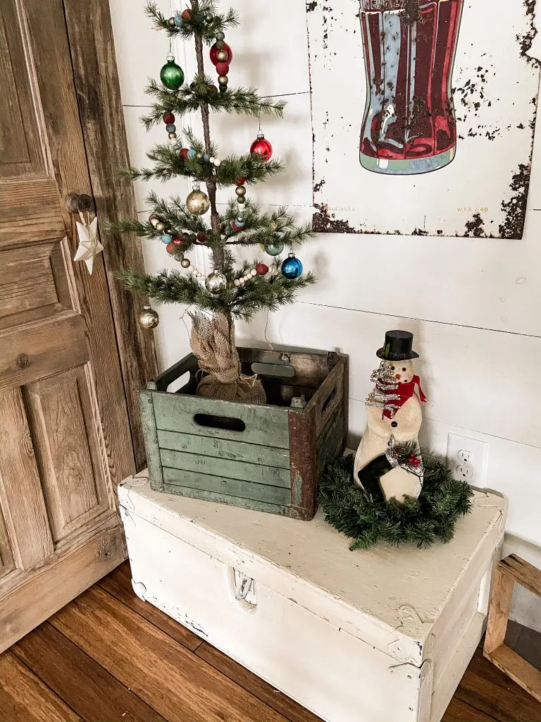 Vintage crate filled with Christmas Decor