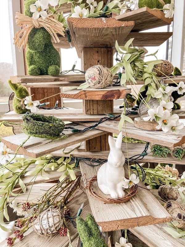 DIY shiplap Easter tree, moss Easter bunnies, Easter porch decorations.