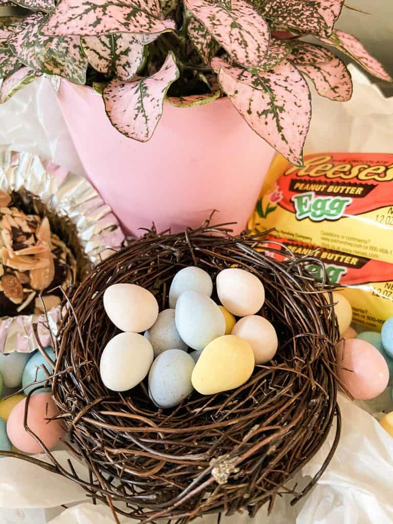 Reese’s cups and Cadbury eggs in bird nest.