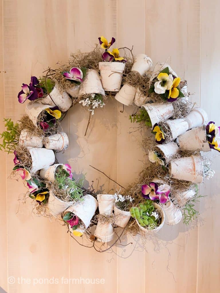 Terra Cotta Pot Spring Wreath with pansy's  Farmhouse Style Spring Decor.