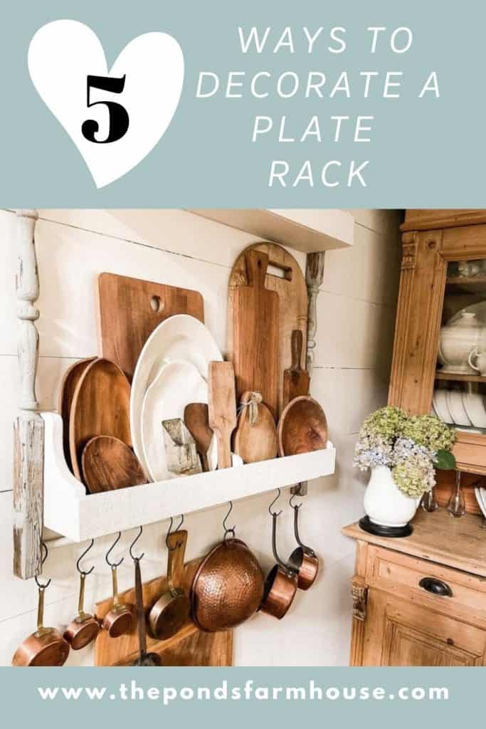 5 Ways To Decorate a plate rack with vintage copper and breadboards, ironstone and other collectibles.  