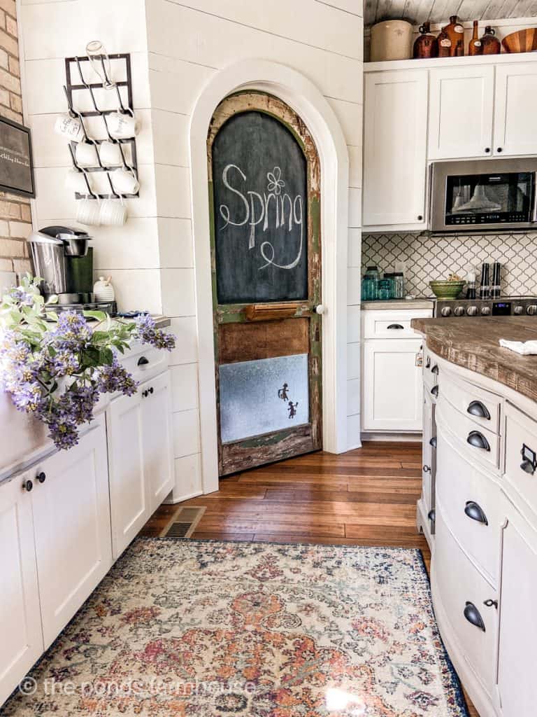 DIY Pantry Door for Farmhouse Kitchen Idea.  Shiplap walls and shaker style cabinets in white