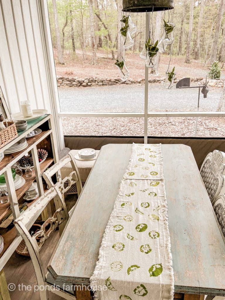 DIY Table Runner Ideas with drop cloth fabric for Cinco de Mayo on screened porch.