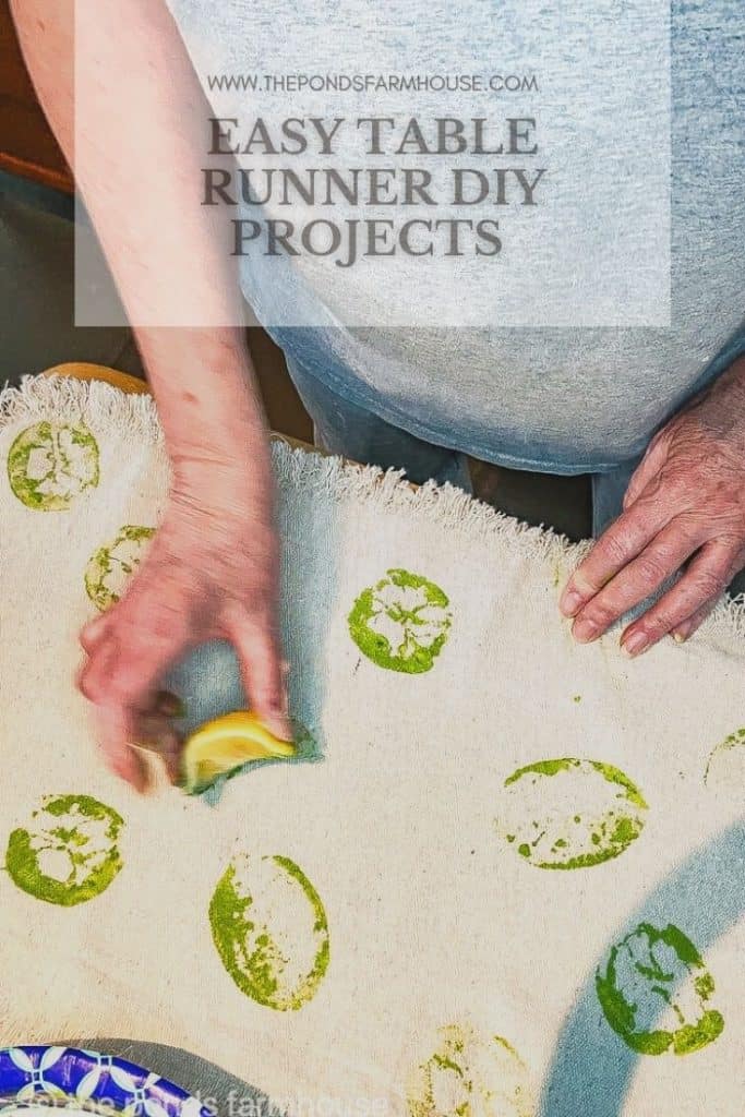 Easy DIY Table Runner made of Drop Cloth Fabric and lime stamped design made with real lemons and limes.  