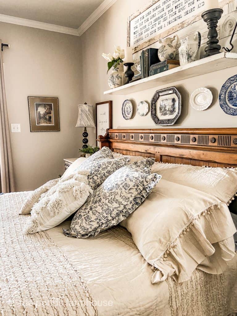 Easy bedroom ideas for Spring with ruffled bedding and blue and white florals.