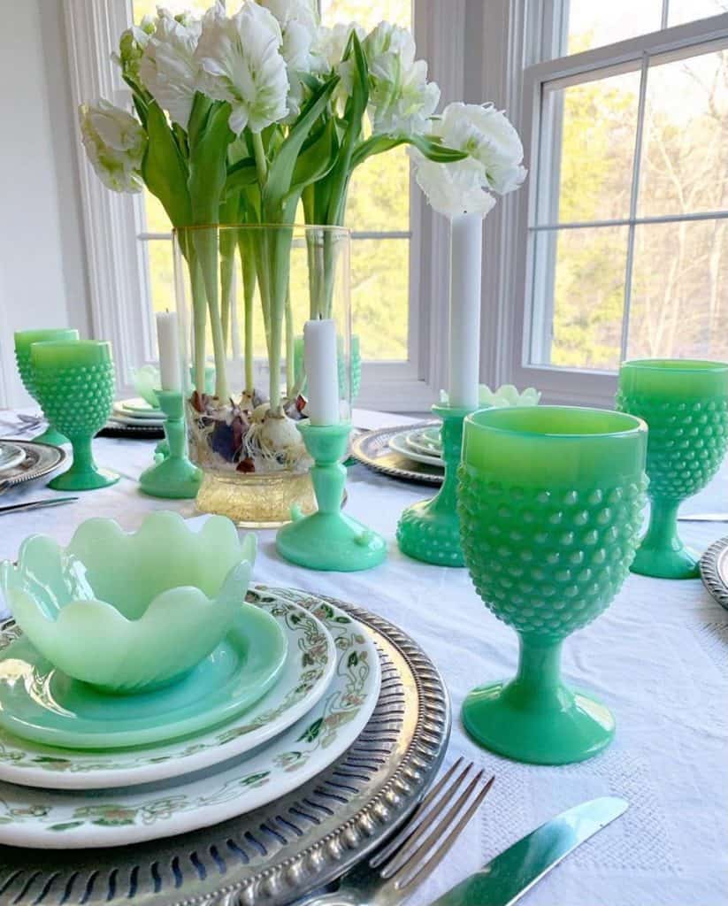 Collection of Jadeite on St. Paddy's Day Table Setting. Antique Collectibles.