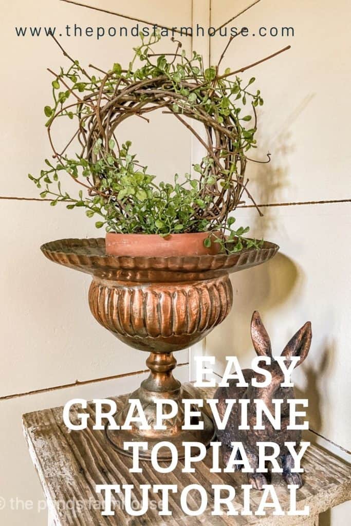 How To Make A DIY Grapevine Topiary in a clay pot with copper urn and bunny.