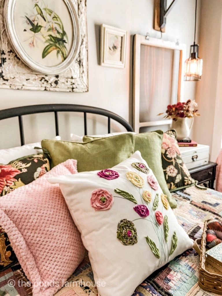 DIY Scrap Fabric Pillow in Vintage Bedroom Ideas mixed with antique quilt.  
