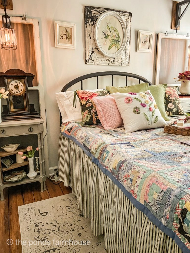 Vintage Bedroom Decor Idea using thrift store finds antiques, family heirlooms, and new decor for a curated style.