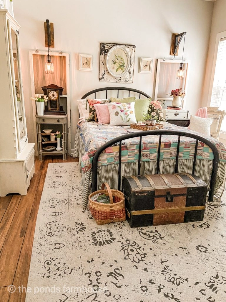 Vintage Bedroom Decor Idea using thrift store finds antiques, family heirlooms, and new decor for a curated style.