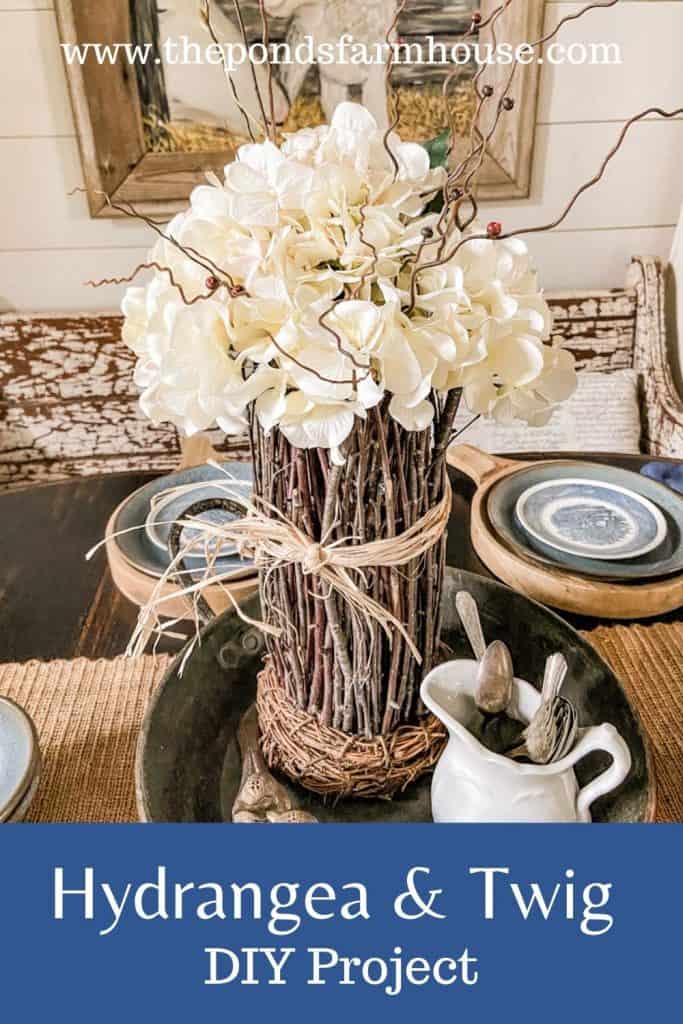 Hydrangea Flower arrangement Centerpiece with foraged twig vase.