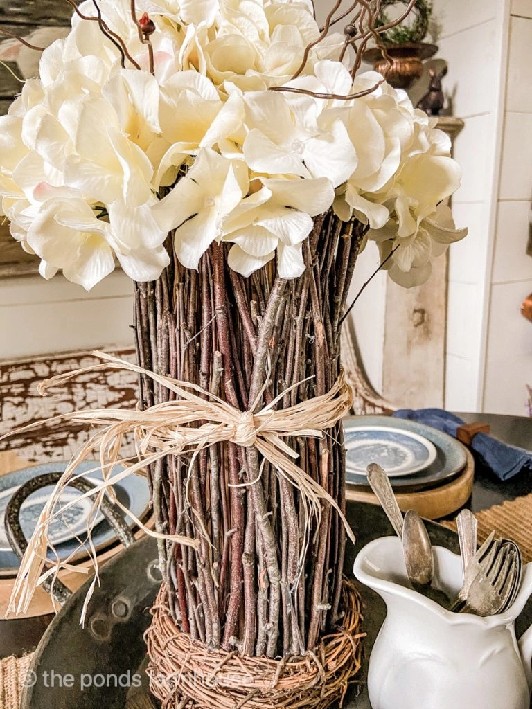 DIY Hydrangea Arrangement with twig vase for table centerpiece