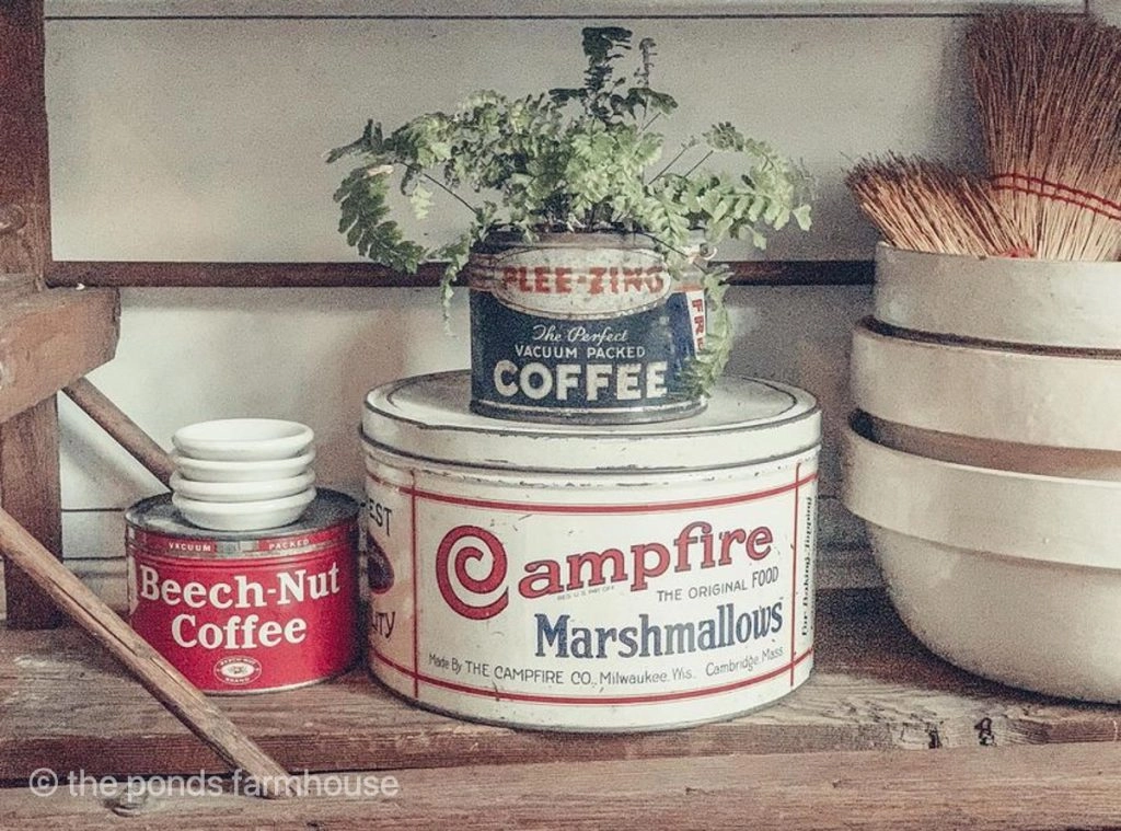 Vintage tins in red white and blue for patriotic decorating.