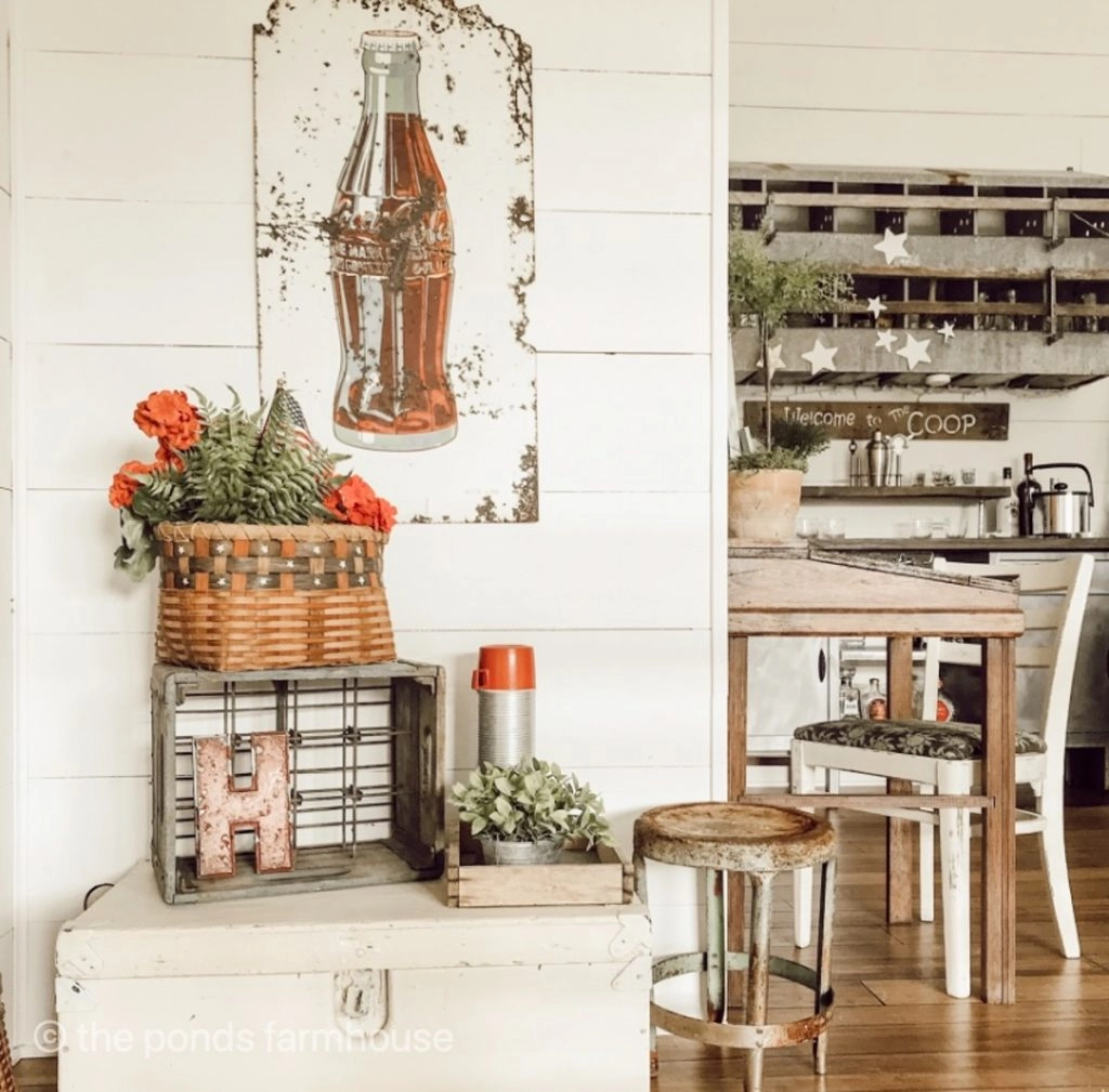 Farmhouse style patriotic decorating in the industrial loft.