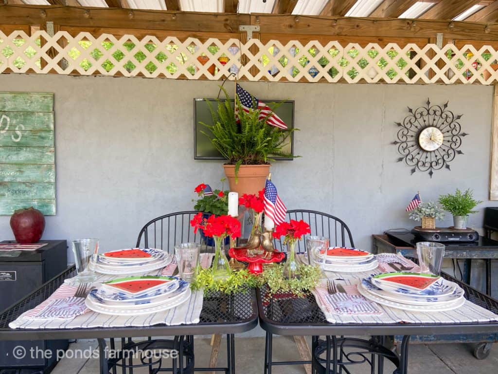 Outdoor Kitchen Table Setting for the Fourth of July with red white and blue tableware and ferns.