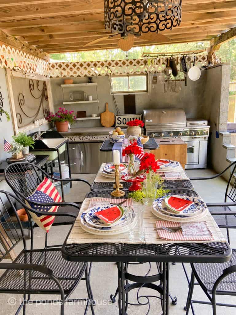Creative 4th of July Table Setting in DIY Outdoor Kitchen set with red white and blue tableware