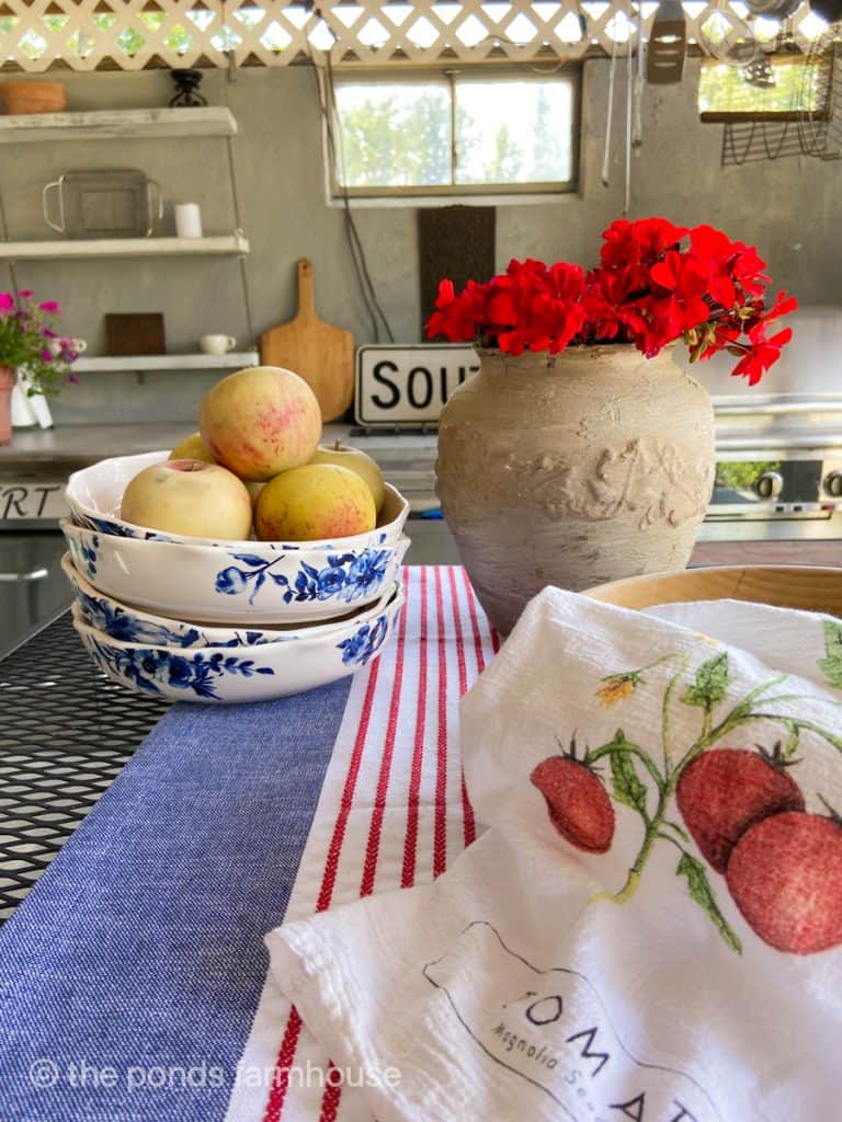 Blue and White bowls with apples and patriotic table runner, earthenware vase with red geraniums.  