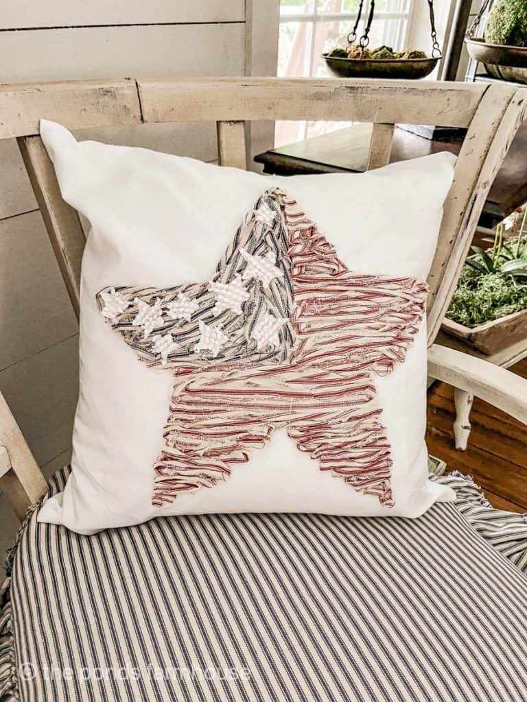 Farmhouse Style Patriotic Pillow Scrap Fabric DIY - Red and Blue ticking fabric scraps.  
