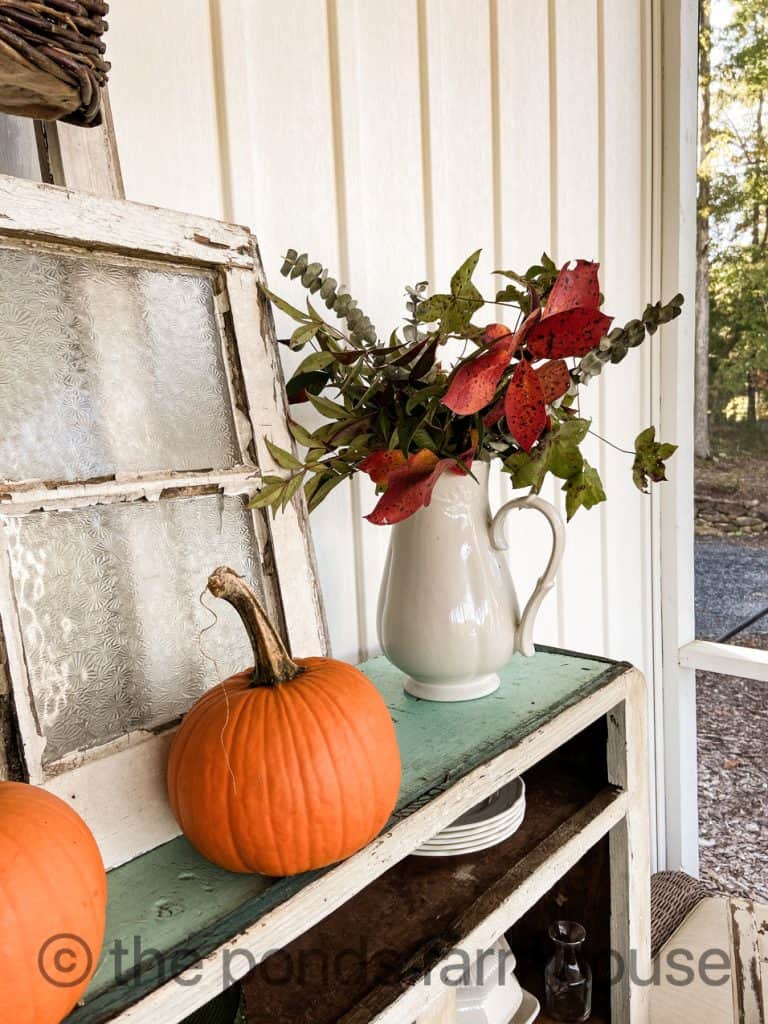 Fall foliage is perfect in a ironstone pitcher for Farmhouse Decor.