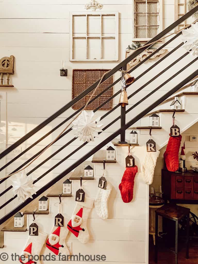 Industrial Farmhouse Staircase with Christmas Stocking and DIY Paperbag Snowflakes and Gold Bells