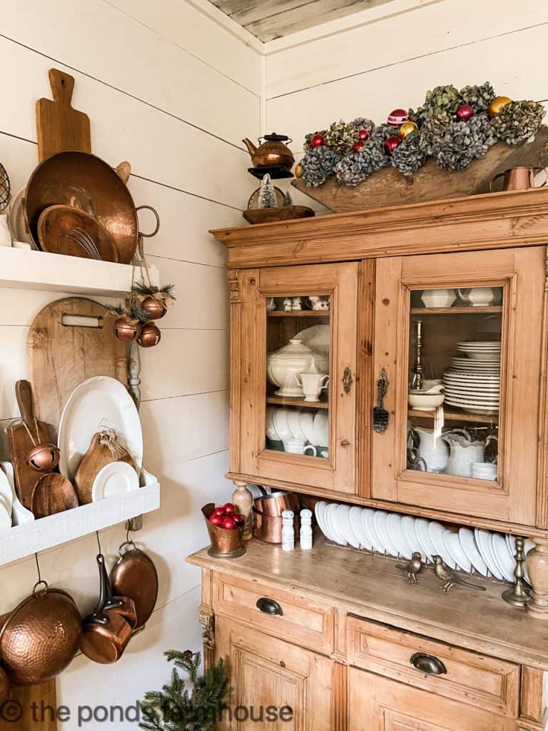 Bread boards, ironstone and other vintage Christmas Decor in DIY Plate Rack and Antique Pine Hutch