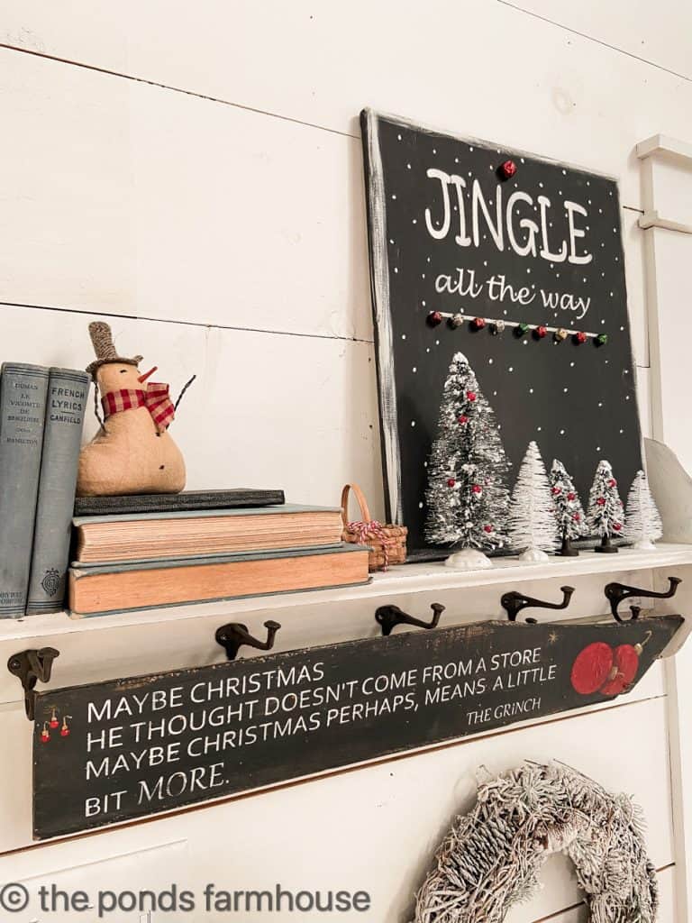 Shelf filled with DIY and Vintage Christmas Decor for Tour