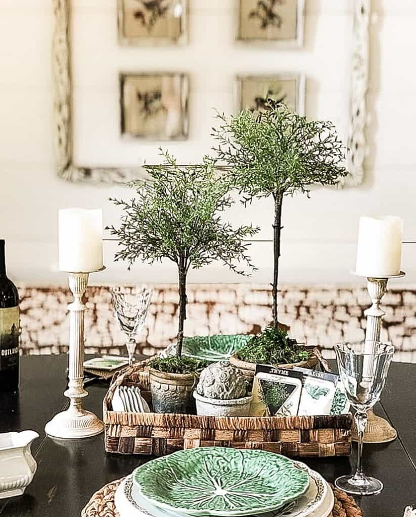 Showing my DIY Topiary as a dining table center piece