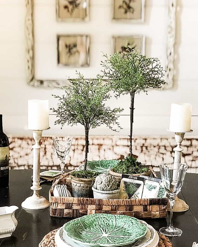  DIY Topiary used as a dining table center piece with seed packets inside a basket tray