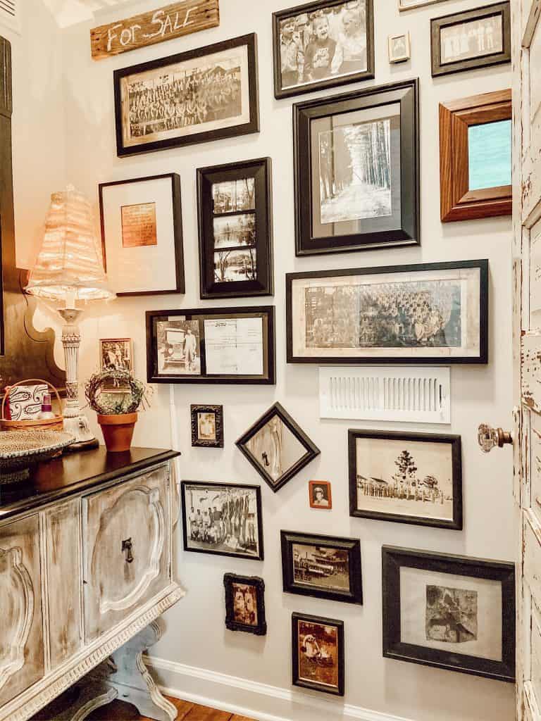 Vintage Family Photo's Gallery Wall with not a single misplaced nail.  How to hang a gallery wall perfectly every time.  