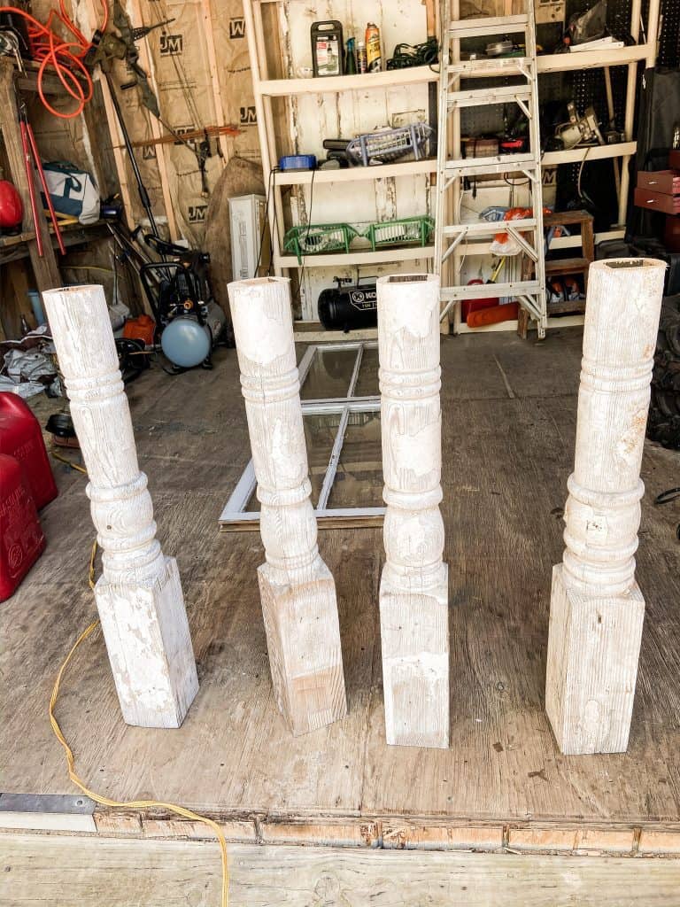 Cutting the vintage porch posts in half allowed the posts to be repurposed as table legs.  Perfect for the potting table.  