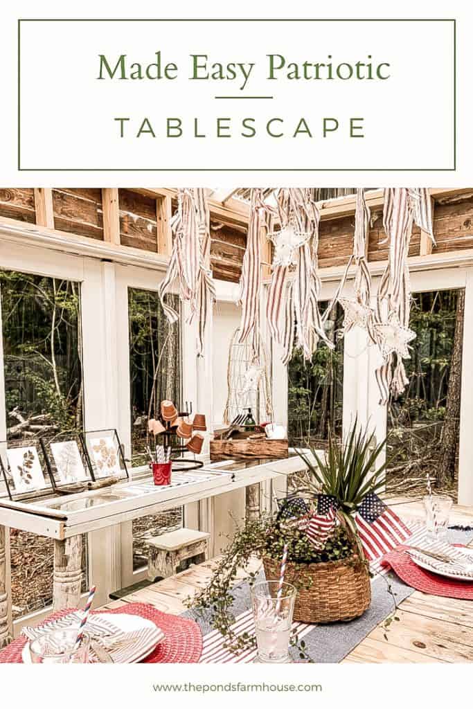 Inexpensive, Made Easy Patriotic Tablescape using ticking & drop cloth fabric scrapes, dollar store table decor and thrift store finds. 