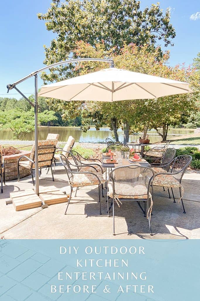 DIY Outdoor Kitchen - Before & After - Entertaining Area.  Alfresco Dining with Pond Views.  How we transformed a dilapidated cabin into a fun entertaining space for family and friends.  