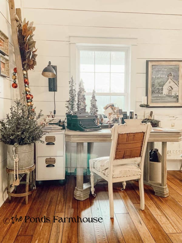Corner office desk decorated With a Vintage Christmas Theme