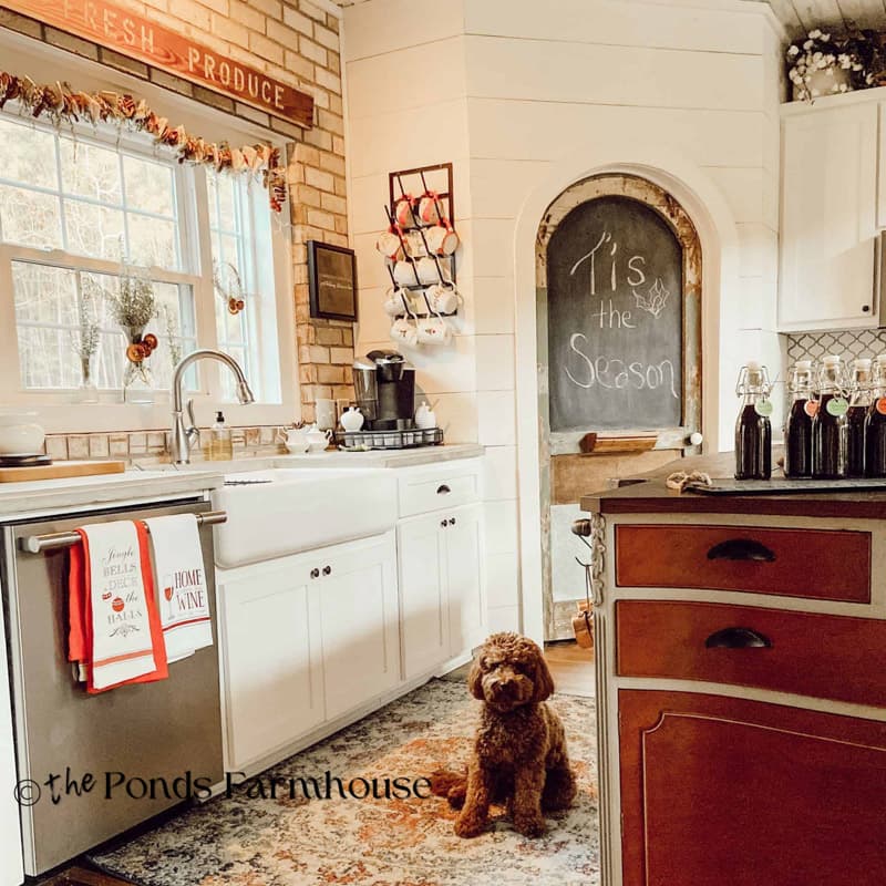Farmhouse kitchen for Christmas Past with Rudy beside DIY kitchen island