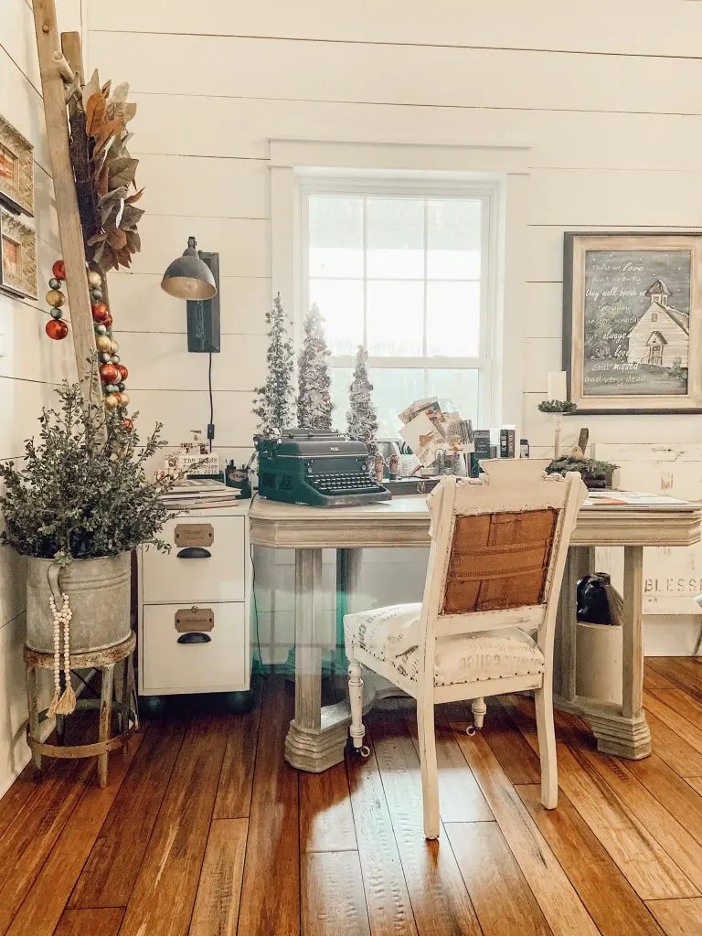 Home office decorated for Christmas.  See tips and tricks for saving money when decorating for the holidays.  