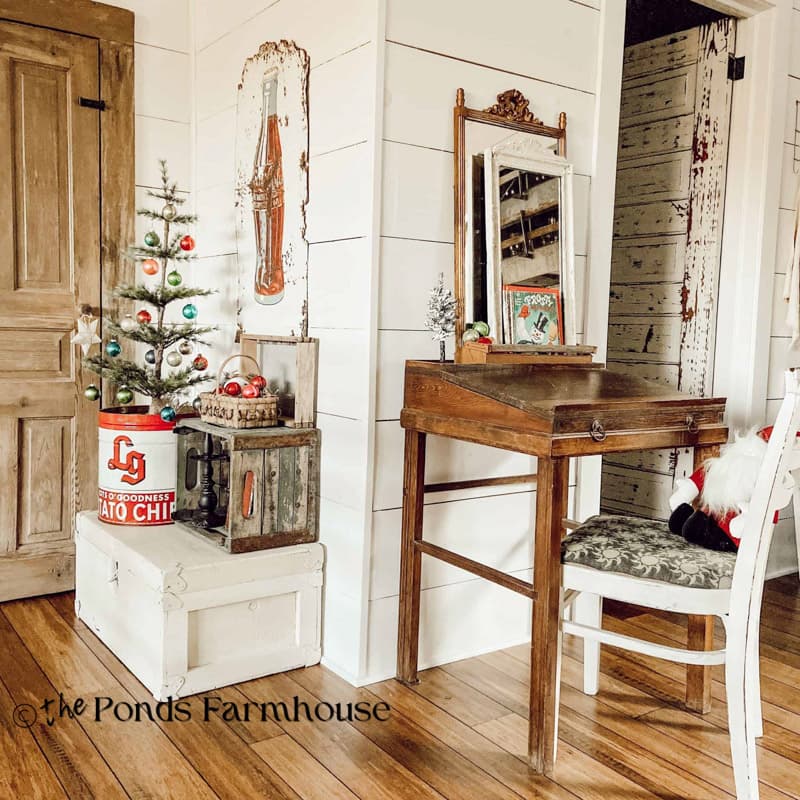 Industrial Loft with vintage desk & Mini Christmas Tree for Christmas Past