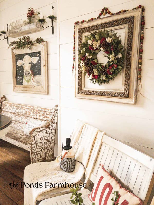 Silent Night Painting, Old Church Pew and Christmas wreath in picture frame