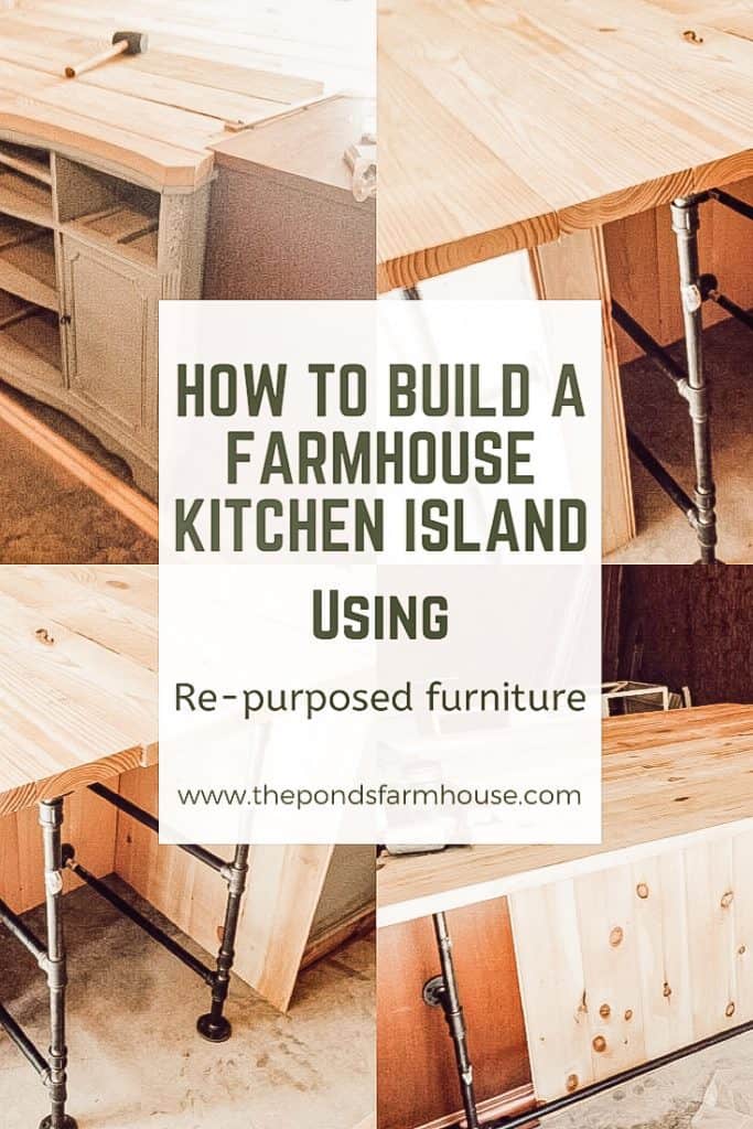How to Build A Industrial Farmhouse Kitchen Island using a repurposed sideboard.  Before and After Transformation.  Repurposed Furniture, Up-cycled Furniture, DIY Island, Step by Step Instructions, Tutorial, #DIYIsland #farmhouse