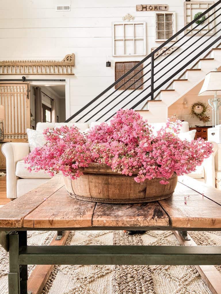 French Wooden Bowl filled with flowers - repurposed coffee table - stairway decorating 