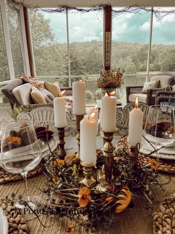 candle and grapevine wreath centerpiece for fall