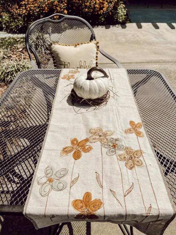 Upcycled Drop Cloth For Painting DIY Tablecloth runner at outdoor kitchen for fall party