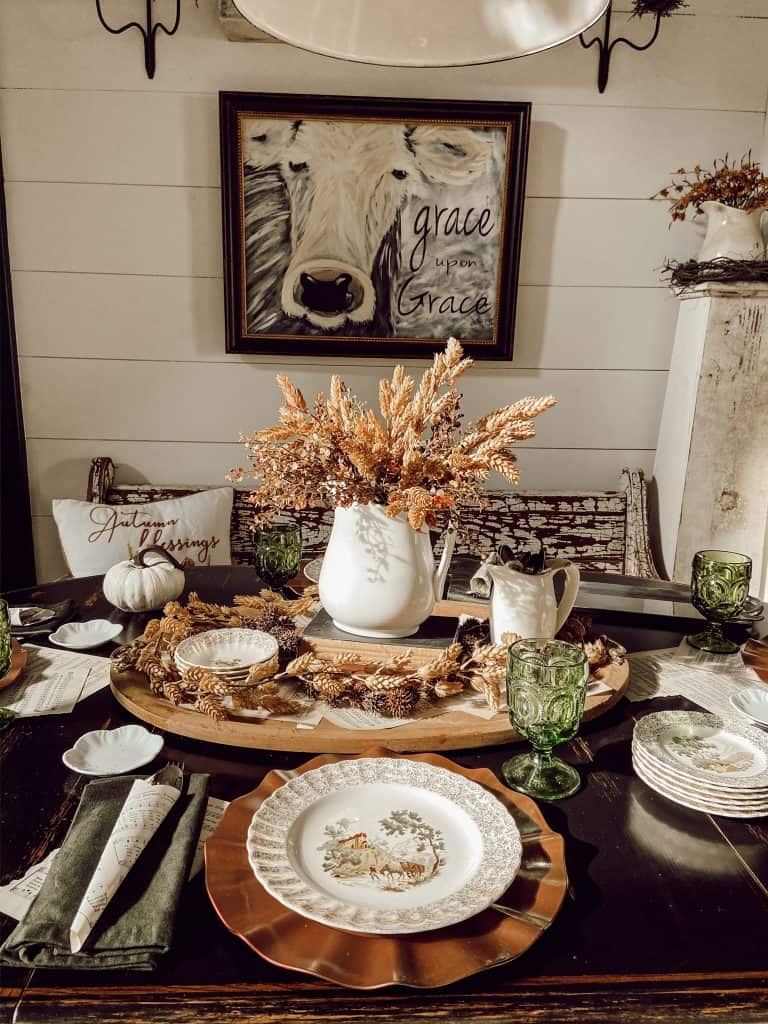 Fall Farmhouse Table with vintage and thrifted tableware.  
