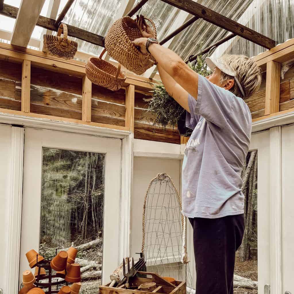 Hanging Baskets and plants on DIY Rustic Ladder