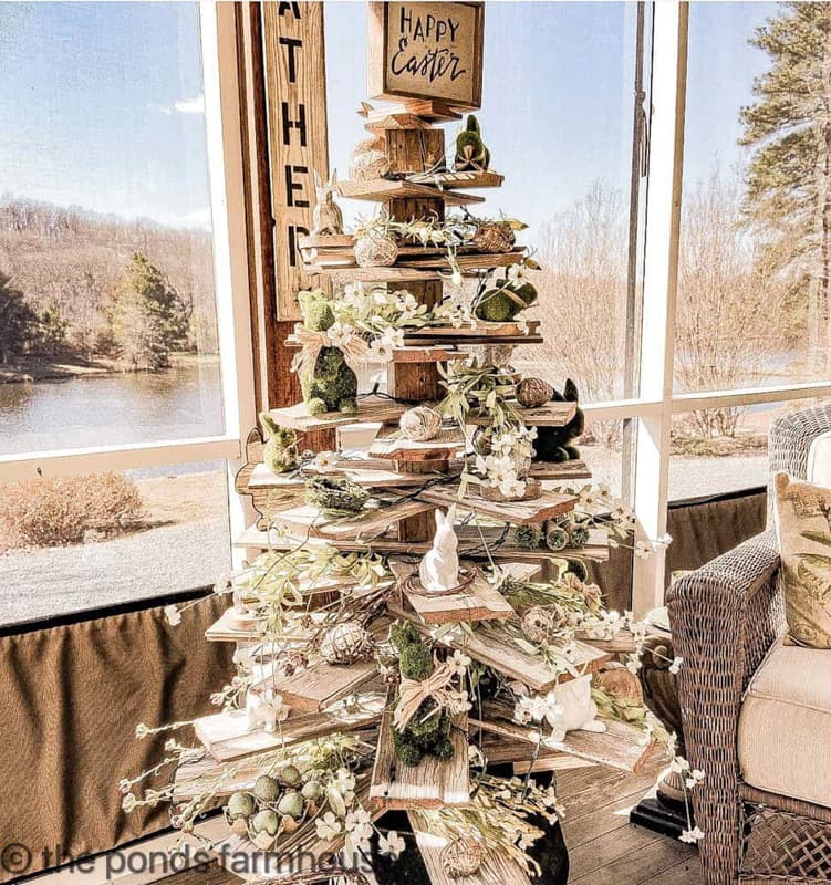 DIY Shiplap tree with bunnies for Easter on Screened Porch