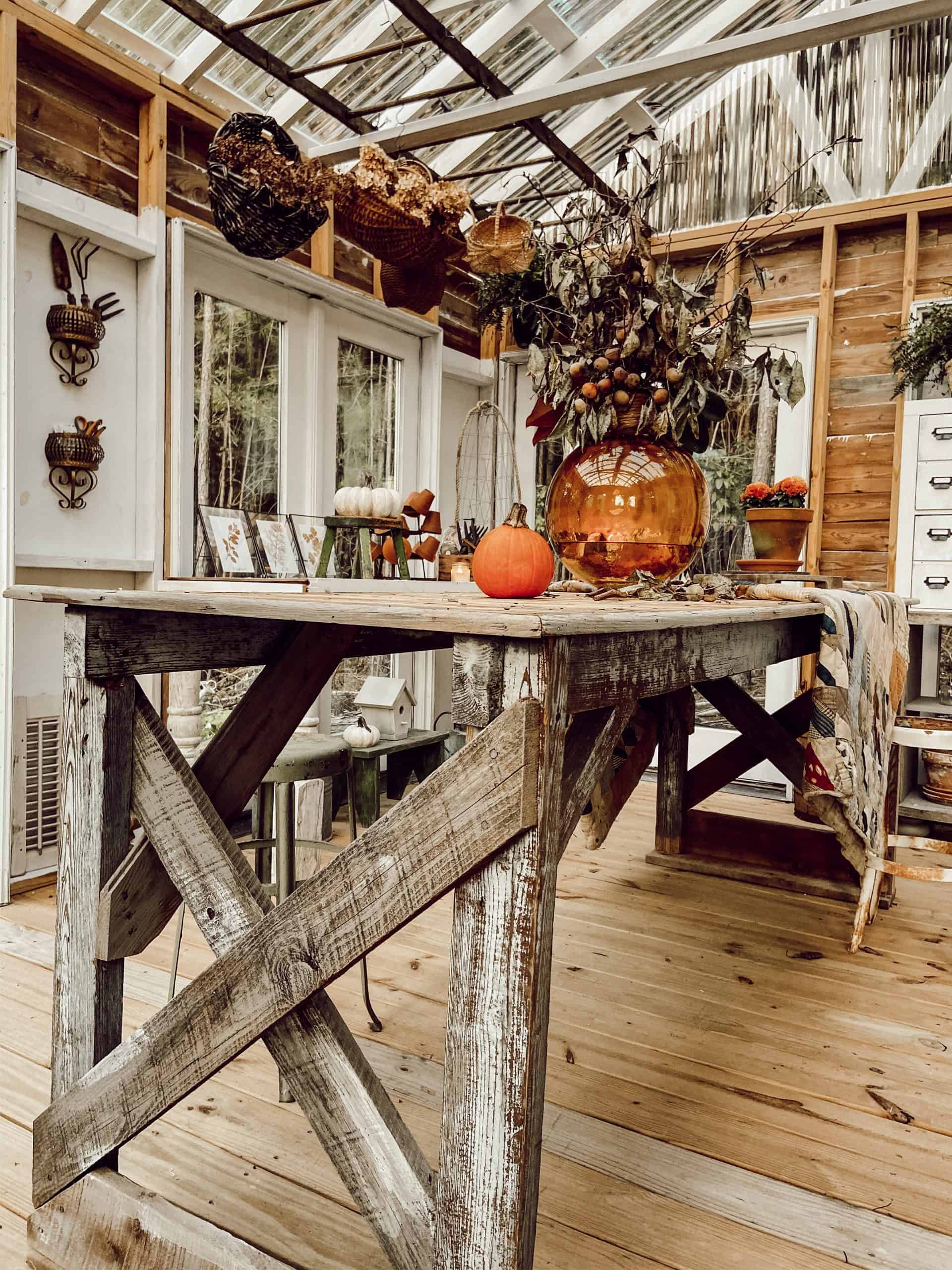 Autumn DIY Greenhouse Tour Using Persimmons Foraged for creative centerpiece