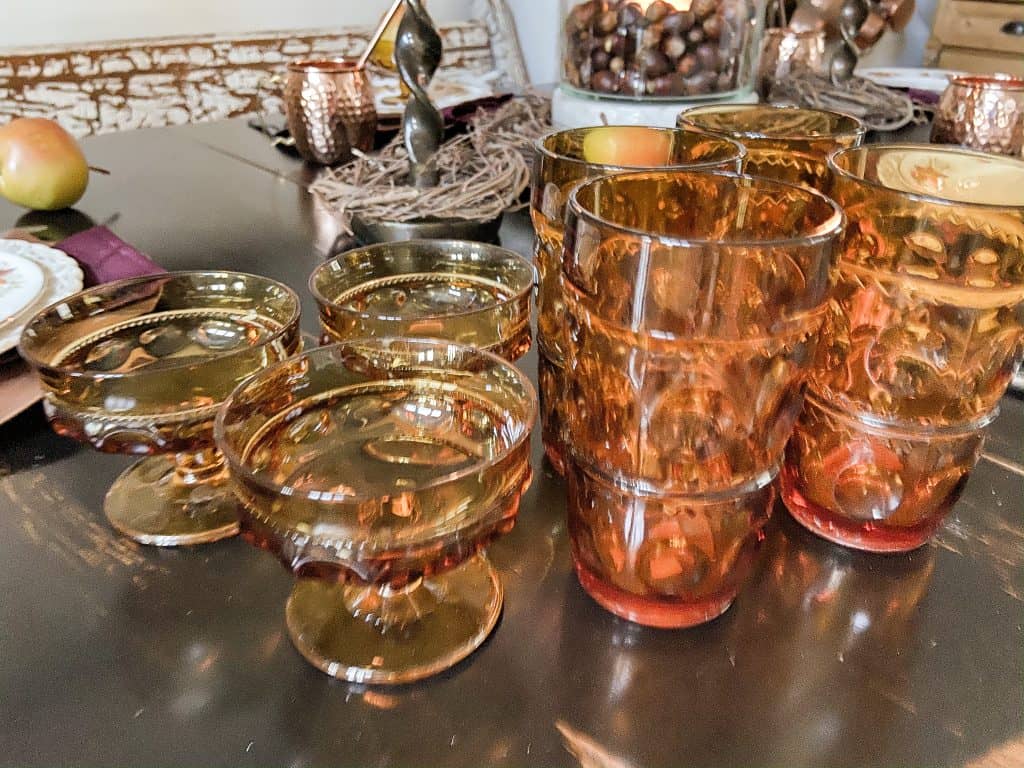 Amber water glasses and dessert cups to use for thrift store ideas for Thanksgiving Table decorations